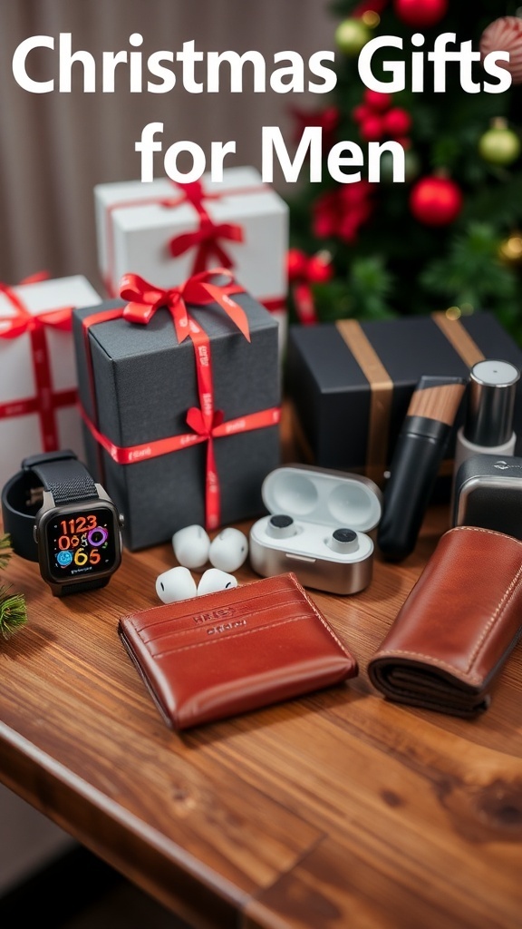 A collection of Christmas gifts for men including tech gadgets and accessories on a decorated table.